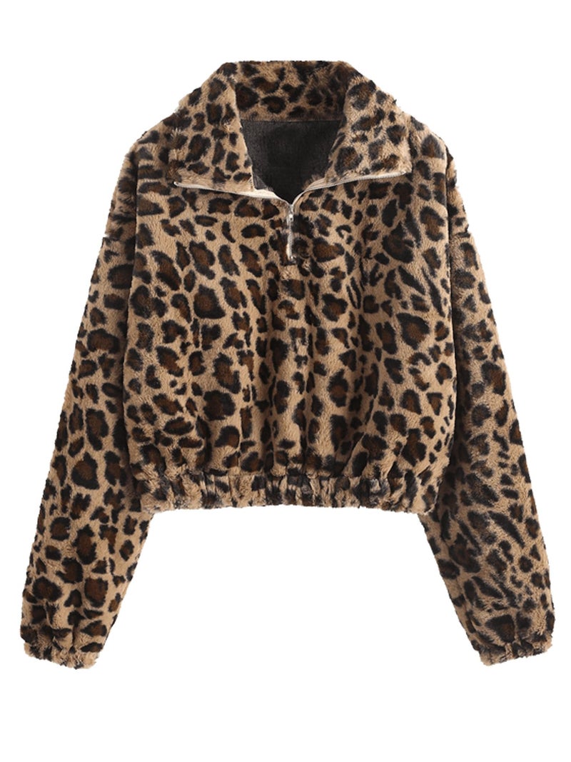 ZAFUL Women's Fashion Long Sleeve Lapel Half Zip Plain Faux Fur Sweatshirt Solid Color Crop Pullover Tops (2-Leopard,M) - Image 1